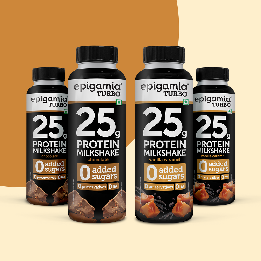 turbo 25 g protein milkshake, chocolate & vanilla-caramel, 250 ml - pack of 4